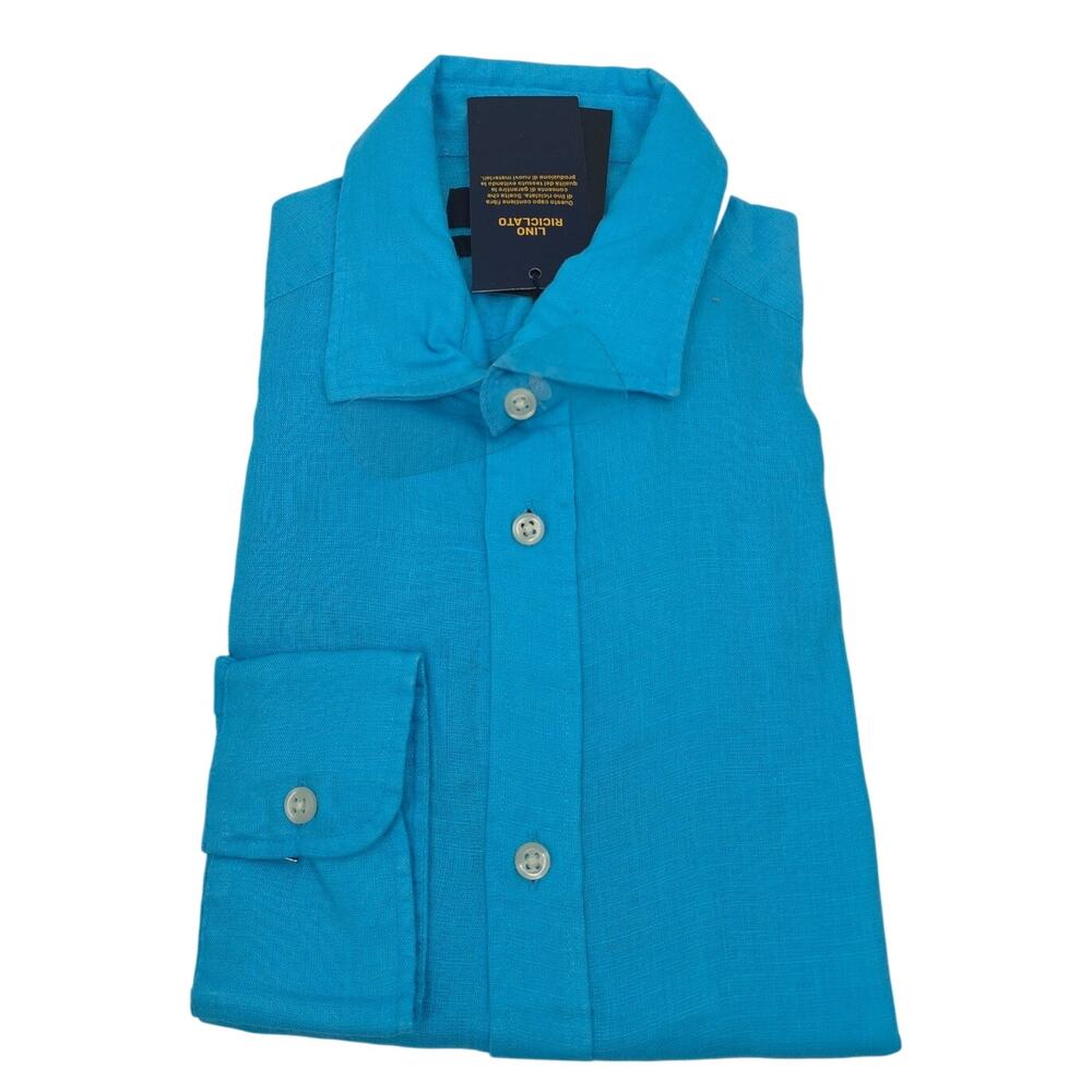 PIOMBO Mens Linen Shirt Large Blue Italian Luxury Casual Button Down Lightweight